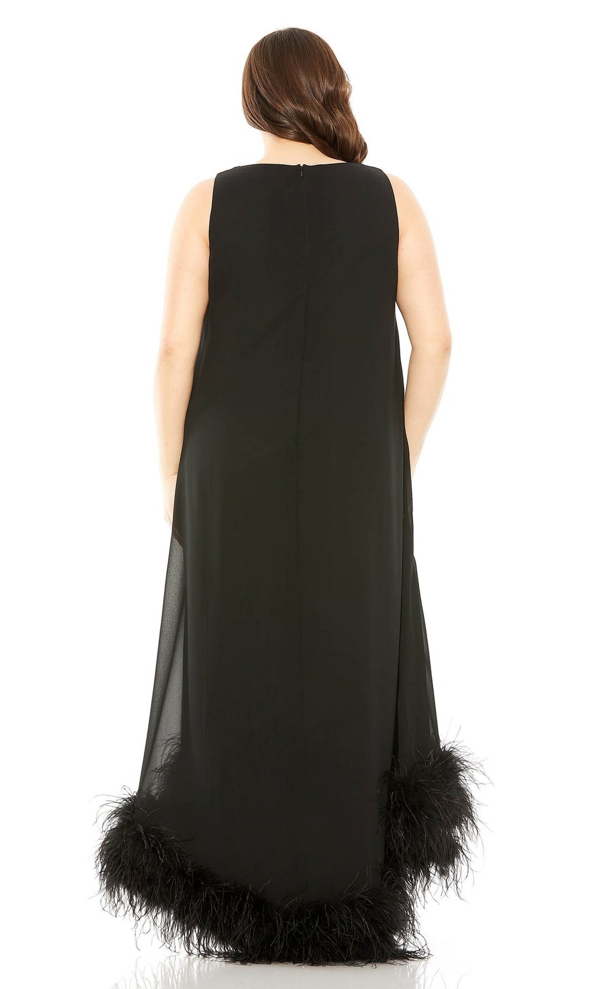 A person is seen from behind wearing the Plus-Size Long Formal Dress: Mac Duggal 11819, a sleeveless black gown with feather trim at the hem, set against a white background.
