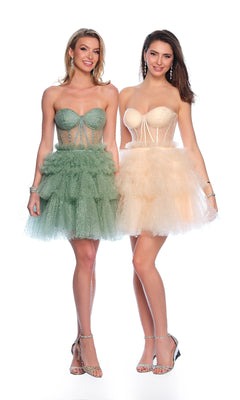 Two women pose side by side in Dave & Johnny Short Green Ruffle Hoco Dress 11826, featuring strapless corset-style bodices and layered tulle skirts, against a white background.