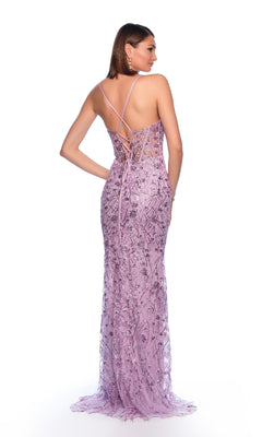 A woman poses against a white background wearing the Dave & Johnny 11838 long prom dress, featuring a fitted, floor-length lavender design with lace details, beading, a corset bodice, and a strappy open back.