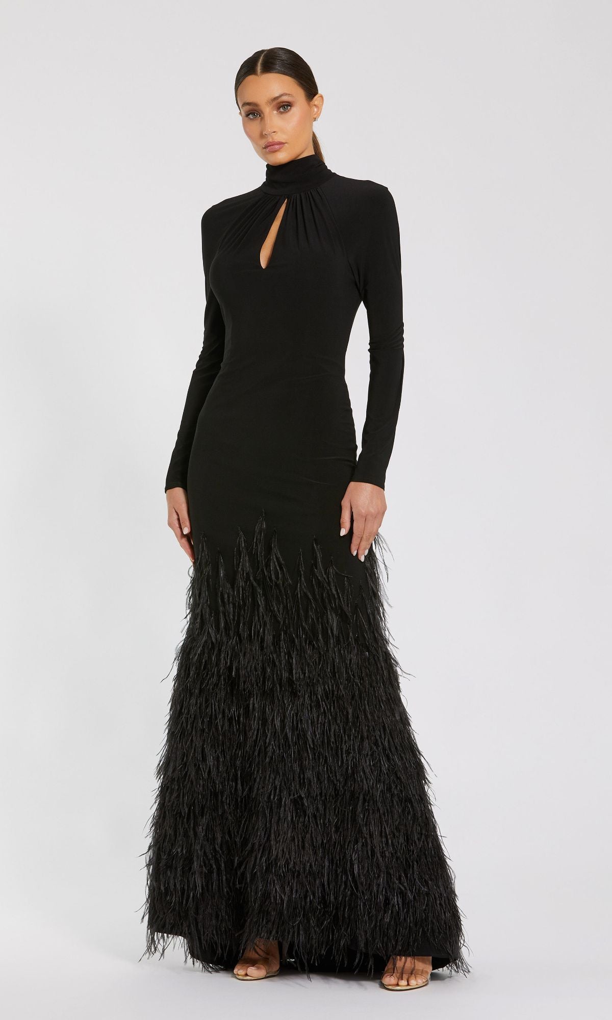 Long Sleeve Long Black Formal Dress with Feathers PromGirl Long Sleeve Long Black Formal Dress with Feathers PromGirl