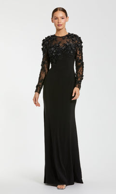 Black evening gown with sheer long sleeves on a white background