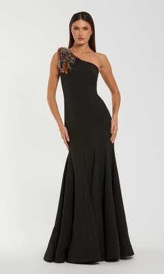 Mac Duggal Women's One-Shoulder Beaded Crepe Mermaid Gown - Black Multi - Size 8 Mac Duggal Women's One-Shoulder Beaded Crepe Mermaid Gown - Black Multi - Size 8