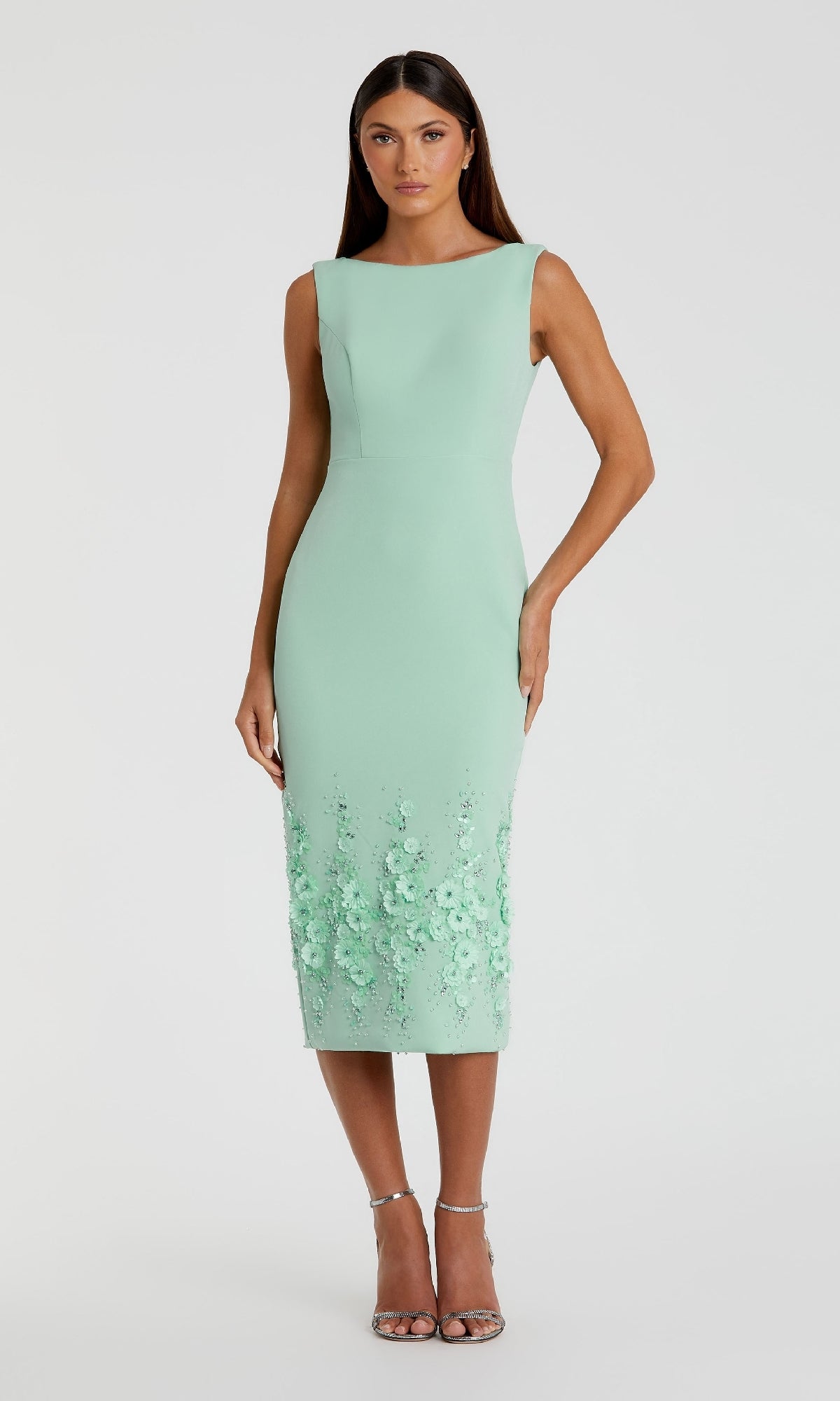 Mac Duggal Women's Flower Beading Crepe Sleeveless Midi Dress - Sage Mac Duggal Women's Flower Beading Crepe Sleeveless Midi Dress - Sage