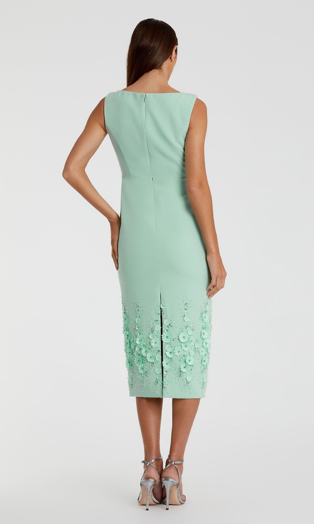 Mac Duggal - Green Crepe Sleeveless Midi Dress With Flower Beading - US 10 Mac Duggal - Green Crepe Sleeveless Midi Dress With Flower Beading - US 10