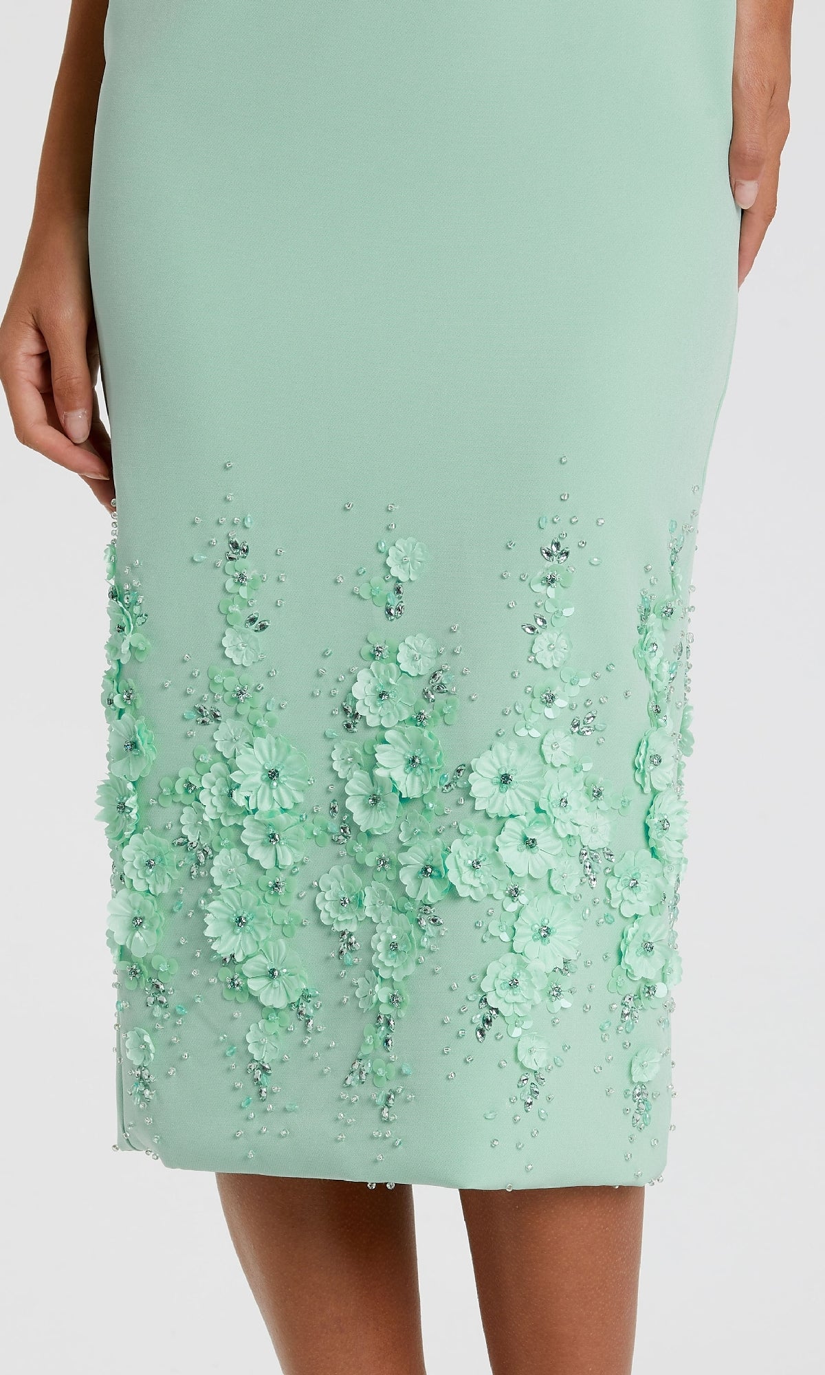Mac Duggal - Green Crepe Sleeveless Midi Dress With Flower Beading - US 10 Mac Duggal - Green Crepe Sleeveless Midi Dress With Flower Beading - US 10