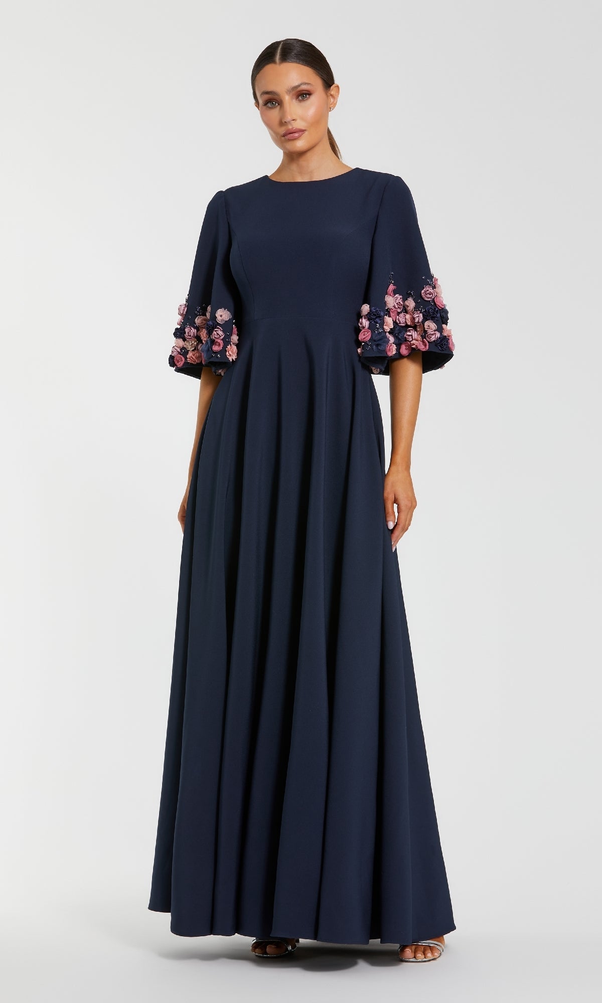 Mac Duggal - Navy Crepe 3/4 Sleeve A-line Gown With Flower Trim - US 14 Mac Duggal - Navy Crepe 3/4 Sleeve A-line Gown With Flower Trim - US 14