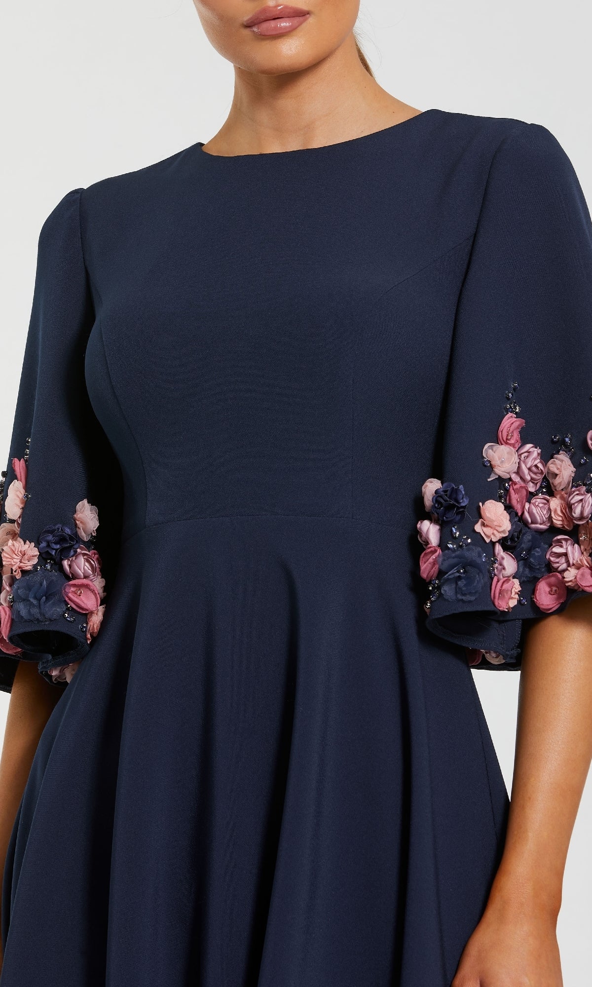 Mac Duggal - Navy Crepe 3/4 Sleeve A-line Gown With Flower Trim - US 6 Mac Duggal - Navy Crepe 3/4 Sleeve A-line Gown With Flower Trim - US 6