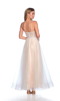 A woman faces away, wearing the Dave and Johnny 11855 long prom dress—ivory white, sleeveless, floor-length with sheer thin straps and nude heels—set against a crisp white background.