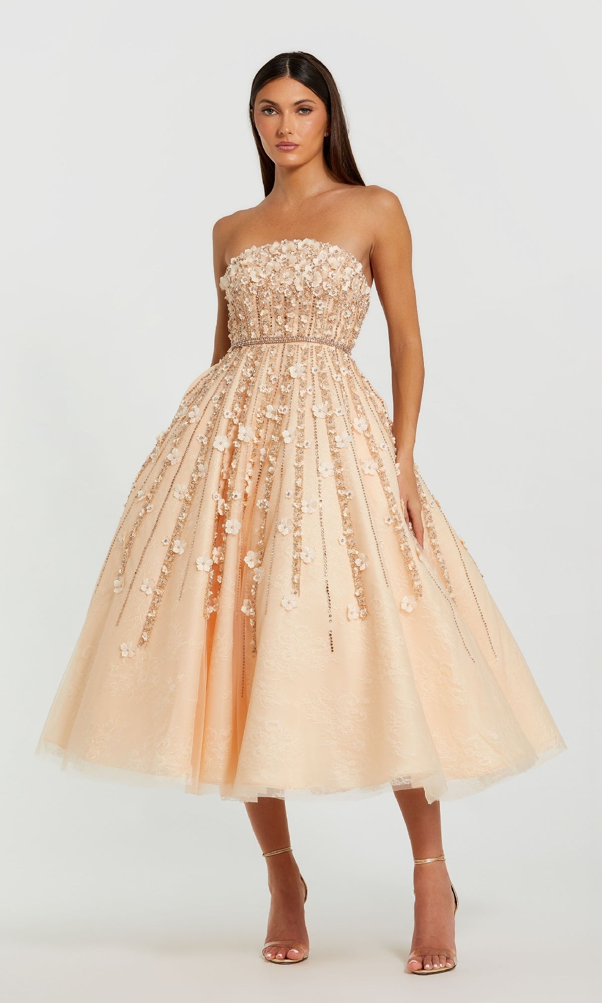 Strapless Midi Champagne Party Dress with Flowers