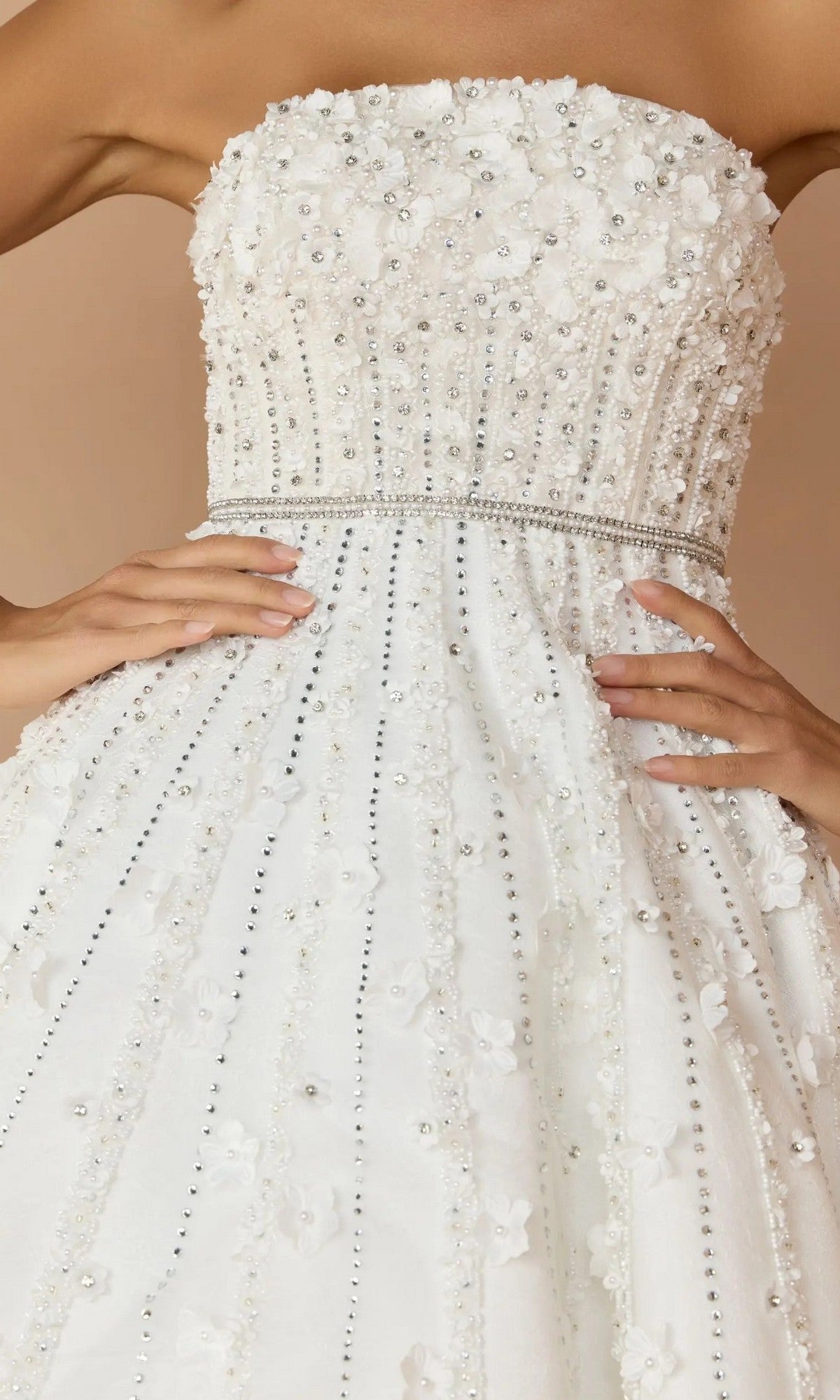 A close-up of the Strapless Champagne Party Dress: Mac Duggal 11865, featuring bead, sequin, and floral appliqué details, with hands gracefully resting on the waist.