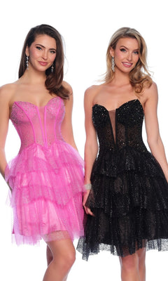 Two women wear the Dave & Johnny Short Glitter Hoco Dress 11878 in bright pink and black, featuring layered tulle. They pose and smile against a plain white background, ready for any party or special occasion.