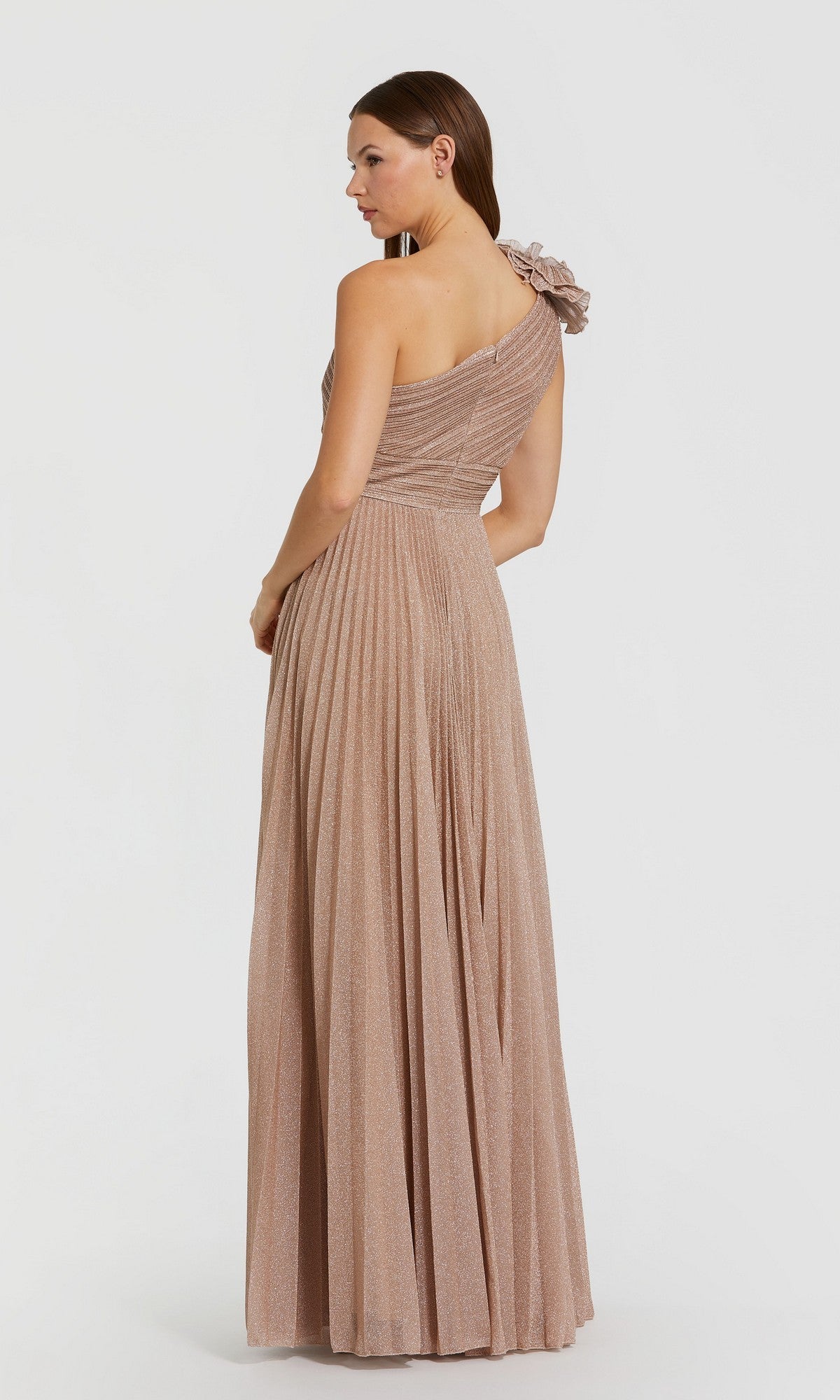 mac duggal champagne dress Pink Pleated One-Shoulder Ruffle Gown What It Is USW482023TuesDayA Colors:Cream/Multi Loomaby Elegant Solid Color