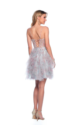 Short Blue Print Homecoming Dress with Ruffled Skirt– PromGirl