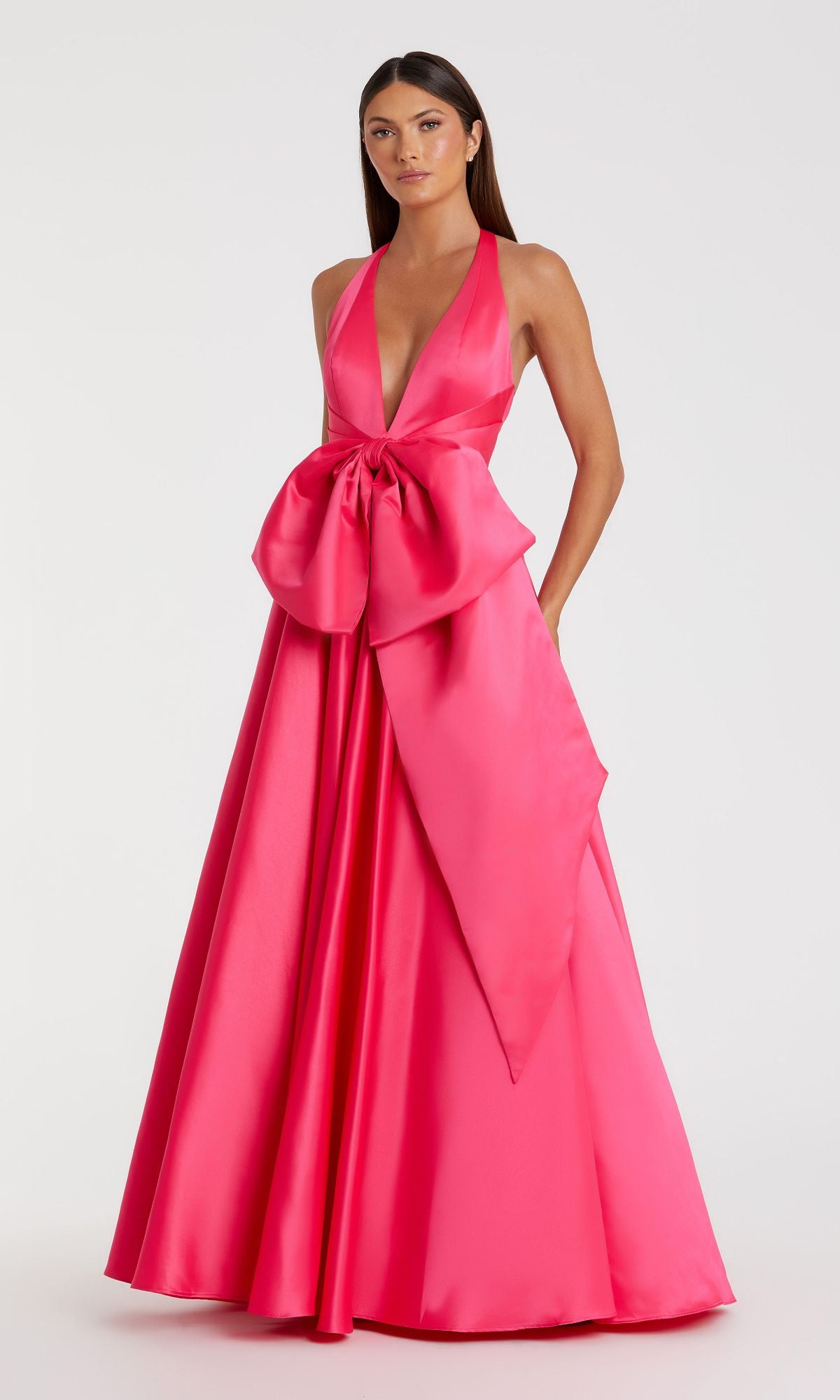 Pink Deep V Satin Ballgown With Oversized Bow