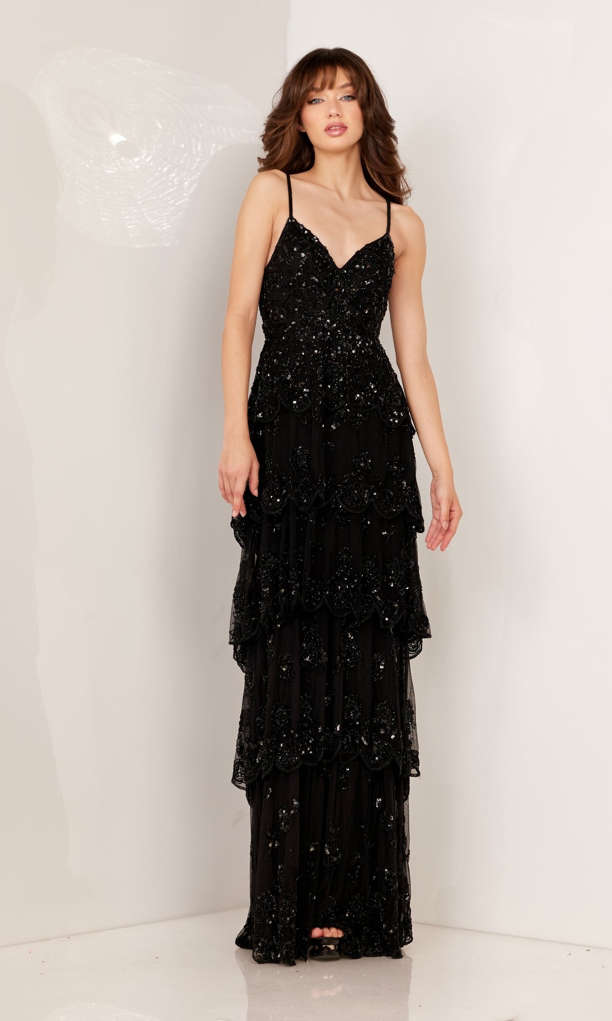 Tiered Long Beaded Prom Dress with Scallop Edges– PromGirl