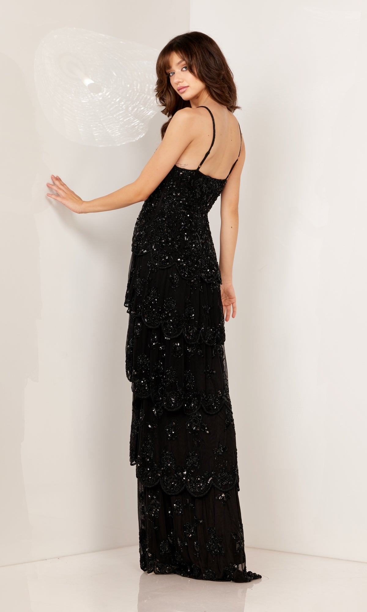 Long Beaded Prom Dress with Tiered Skirt 1190 Ivory / 00 Long Beaded Prom Dress with Tiered Skirt 1190 Ivory / 00