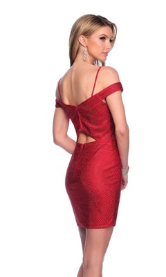 A woman wears the Dave & Johnny Tight Red Short Hoco Dress 11916 with thin straps, off-the-shoulder neckline, and open back, accessorized with silver earrings, standing against a white background.