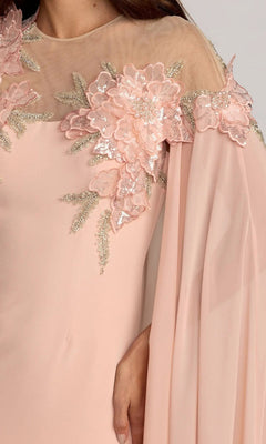 A close-up of the Mac Duggal 11942 Long Formal Dress in light pink, featuring sheer fabric at the neckline adorned with pink 3D floral appliqués and sequin embellishments on the shoulder. The flowing, loose sleeve beautifully complements this elegant long formal dress.