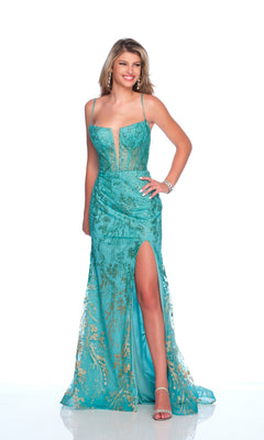 Dave and Johnny 11943 Glitter-Print Teal Prom Dress Teal / 10