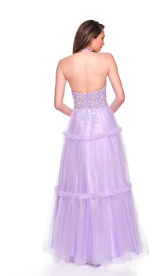 A woman is shown from the back wearing the Dave & Johnny 11966, a light pink halter prom dress—an enchanting alternative to a classic strapless lavender gown with a tiered tulle skirt and floral embroidery.