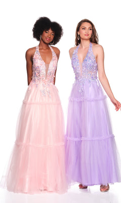 Two women stand side by side in tulle gowns with floral embroidery; one wears the Light Pink Halter Prom Dress by Dave & Johnny 11966, while the other wears a lavender gown with an a-line skirt.