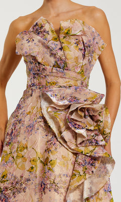 Floral strapless dress with ruffled details on a white background