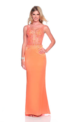 A person poses against a white background wearing the Dave and Johnny 12003, a long prom dress featuring a sleeveless fitted silhouette and a floral embroidered bodice in vibrant orange.