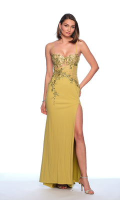 A woman models the Dave and Johnny 12018 lime green prom dress, featuring floral embroidery, thin straps, a sheer corset bodice, and a high slit, against a plain white background.