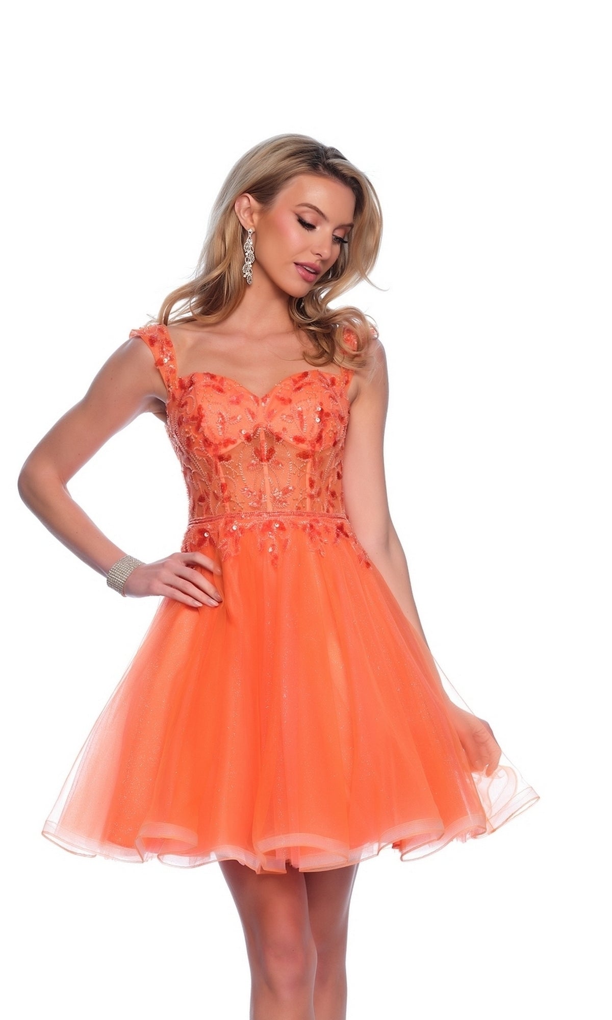 Fit-and-Flare Sheer Orange Glitter Homecoming Dress Orange / 6 Fit-and-Flare Sheer Orange Glitter Homecoming Dress Orange / 6