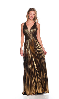 A woman models the Dave and Johnny 12050, a long gold prom dress featuring metallic pleats and a deep V-neckline, against a white background.