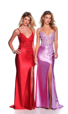 Two women wear the Dave & Johnny 12056 long prom dress—one in red with floral appliqué and a thigh-high slit, the other in lavender with sparkly lace embroidery, thigh-high slit, and an adjustable lace-up back.
