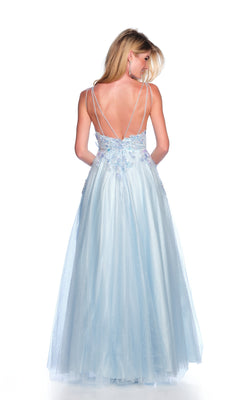 A woman wears the Dave and Johnny 12063 long prom dress with a light blue embroidered bodice, thin straps, and an elegant open back, posing against a white background.