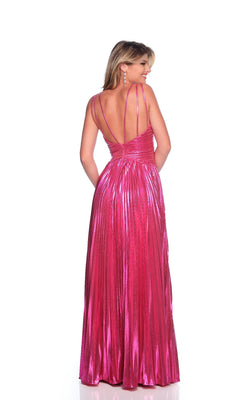 A woman faces away from the camera, wearing the Dave and Johnny 12078— a fuchsia pink prom dress with thin double straps, a shimmering finish, and a floor-length pleated skirt.