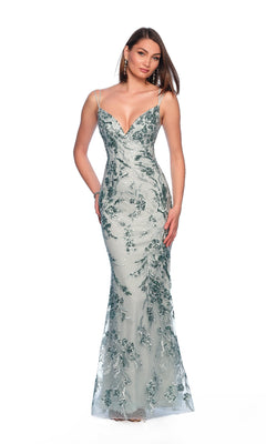 A woman wears the Dave and Johnny 12089 long prom dress, a fitted, floor-length light silver gown with green floral sequin-lace embroidery and thin straps, posing against a white background.