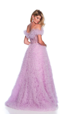Woman modeling the Ruffled Lilac Prom Ball Gown: Dave & Johnny 12093, featuring an off-the-shoulder neckline and a textured, voluminous skirt, looking over her shoulder against a plain white background.