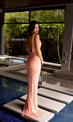 Tight Long Beaded Prom Dress with Deep V-Back Coral / 00