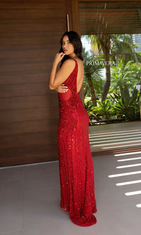 Primavera V-Back Long Red Beaded Prom Dress 12105