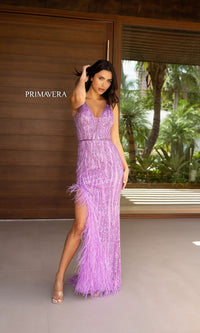 Primavera Feathered Long Sequin Prom Dress 12108