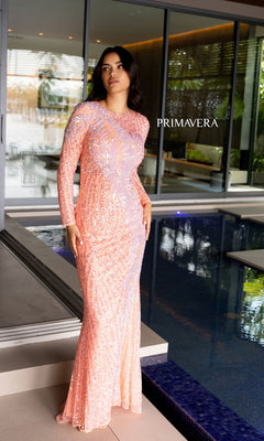 Primavera 12117 Long Prom Dress - PromGirl Coral / 2 Primavera 12117 Long Prom Dress - PromGirl Coral / 2