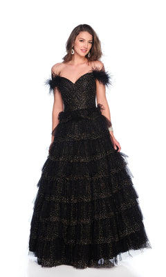 A woman models the Sparkly Black Prom Ball Gown: Dave & Johnny 12129, featuring feathered straps, a tiered floor-length skirt, and a glittery black pattern against a white background.