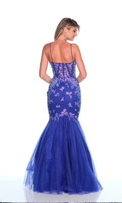 A woman in the Dave & Johnny 12134 blue mermaid prom dress with floral embroidery, thin straps, and sequin details poses with her back to the camera against a white background.