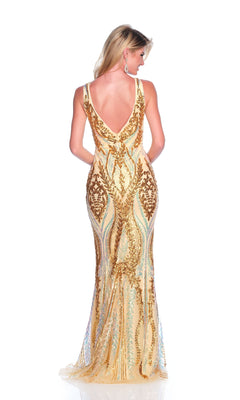 A woman stands facing away against a white background, wearing the Gold Prom Dress: Dave and Johnny 12135—a sleeveless, floor-length gown with an open back that shimmers elegantly.