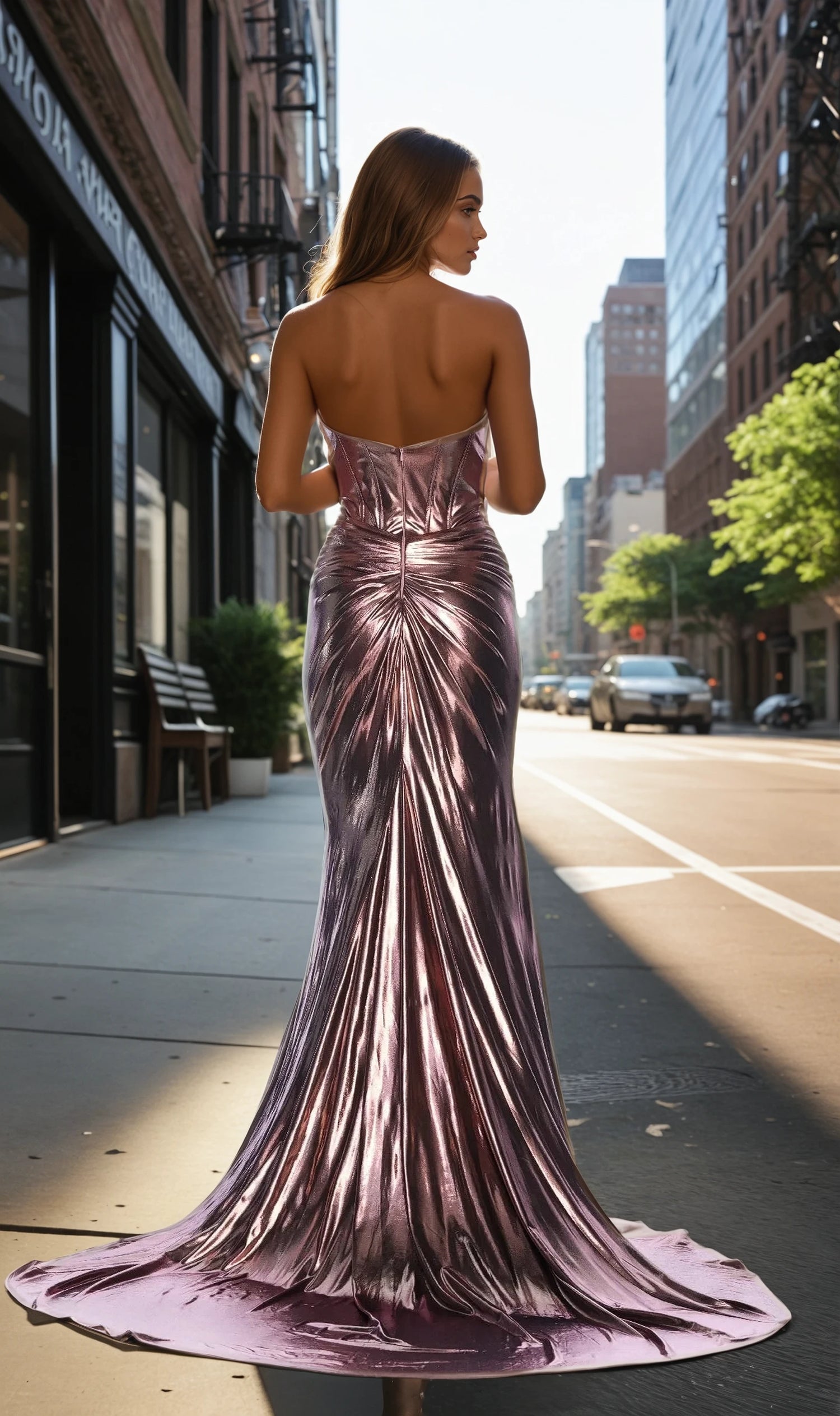 A woman in the Dave & Johnny 12160 Strapless Metallic Prom Gown strolls down a sunny city sidewalk, with buildings and trees in the background.