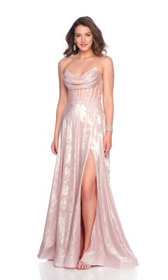 A woman stands against a white background in the Dave & Johnny 12182 light pink prom dress featuring a strapless design, shimmery sheer corset bodice, and high slit.
