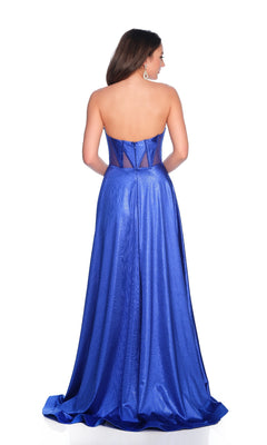 A woman in the Long Royal Prom Dress: Dave & Johnny 12183 stands elegantly, its strapless a-line design accentuating her graceful silhouette.