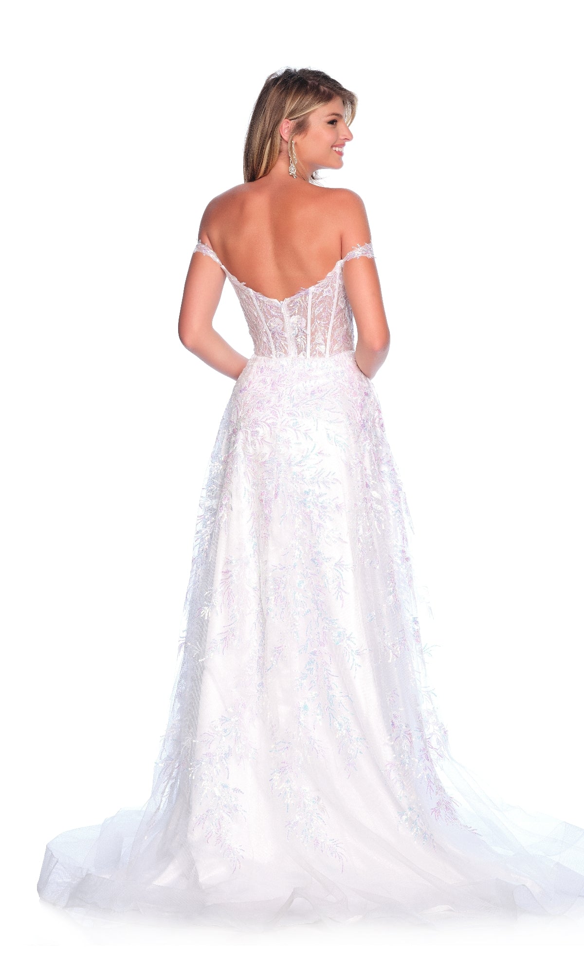 A woman is shown from the back wearing the Long Ivory Prom Dress: Dave & Johnny 12207, featuring an off-the-shoulder lace corset bodice and a long, flowing train, in elegant ivory white against a plain background.