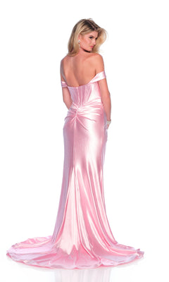 A woman faces away in the Dave & Johnny 12219 light pink corset prom dress, featuring a long train and off-the-shoulder satin neckline, set against a white background.