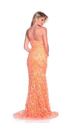 A woman faces away, wearing the fitted Dave & Johnny 12227 long orange prom dress with one shoulder, a floor-length floral gown, and train against a plain white background.