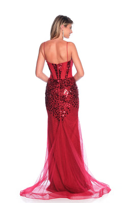A woman wearing the Dave & Johnny 12228 Burgundy Red Prom Dress, featuring thin straps and a fitted, floor-length sequin silhouette, stands with her back to the camera against a white background.