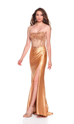 A woman models the Long Sleek Prom Dress: Dave & Johnny 12239, featuring gold satin fabric, a sheer corset bodice with sequin embellishments, spaghetti straps, and a high-leg front slit against a white background.